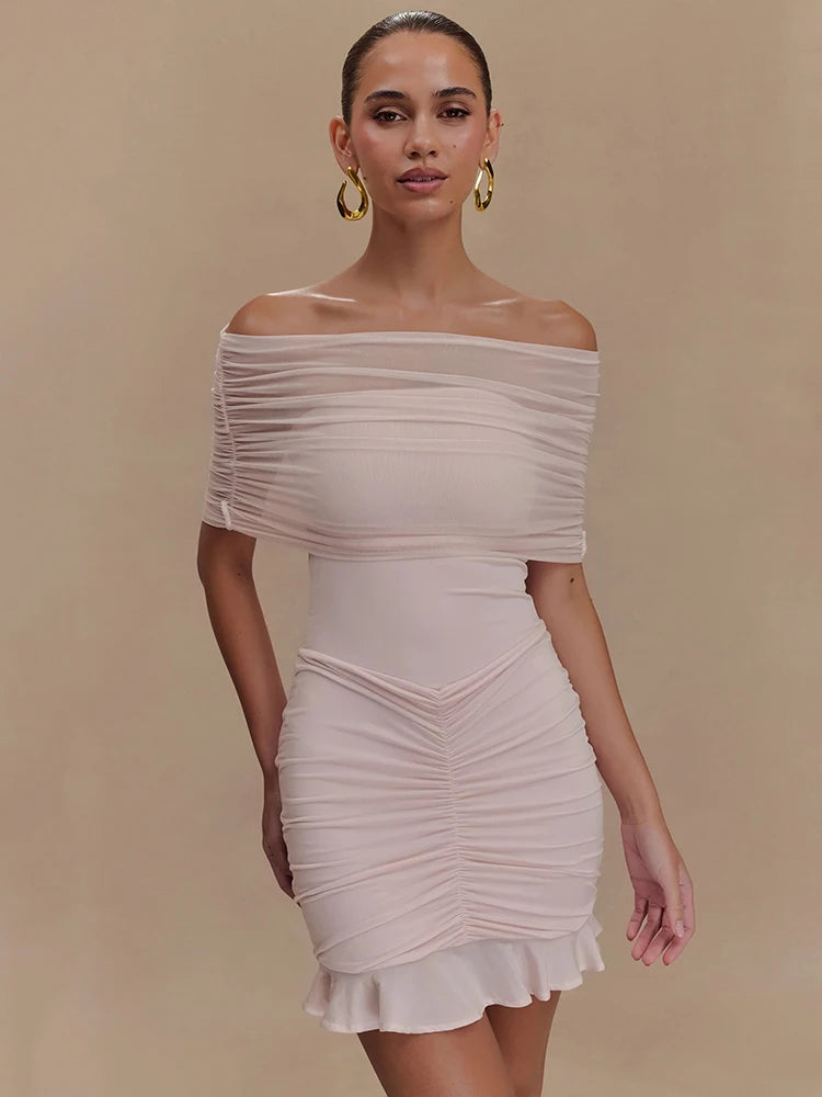 Mesh Strapless Off-shoulder Ruffled Mini Dress Backless High Waist Ruched Dress