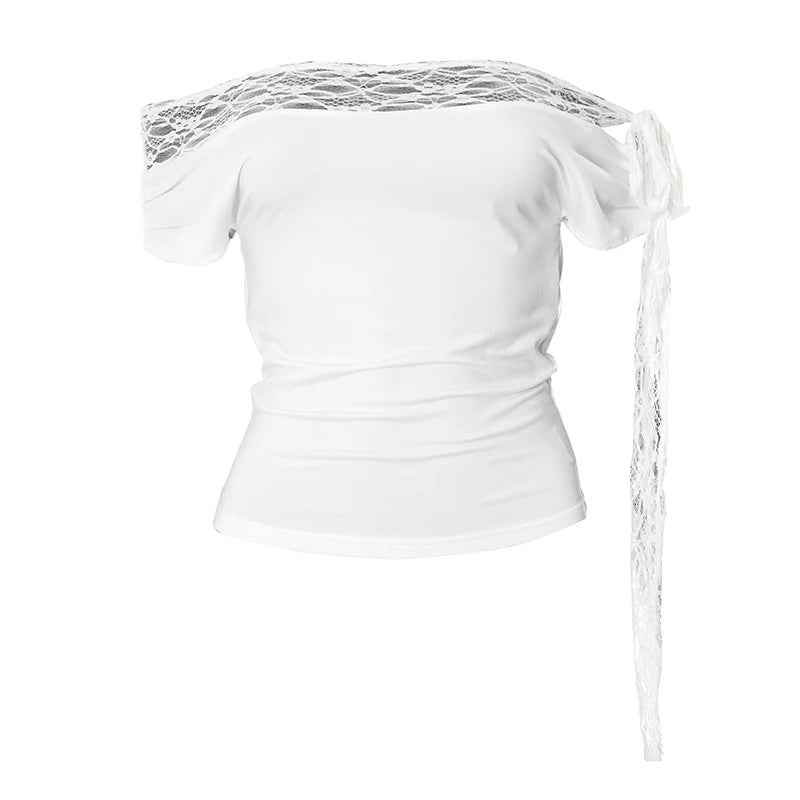 'S Spring Color One Lapel Tie Lace Patchwork Sleeveless Slim Top Causal Versatile