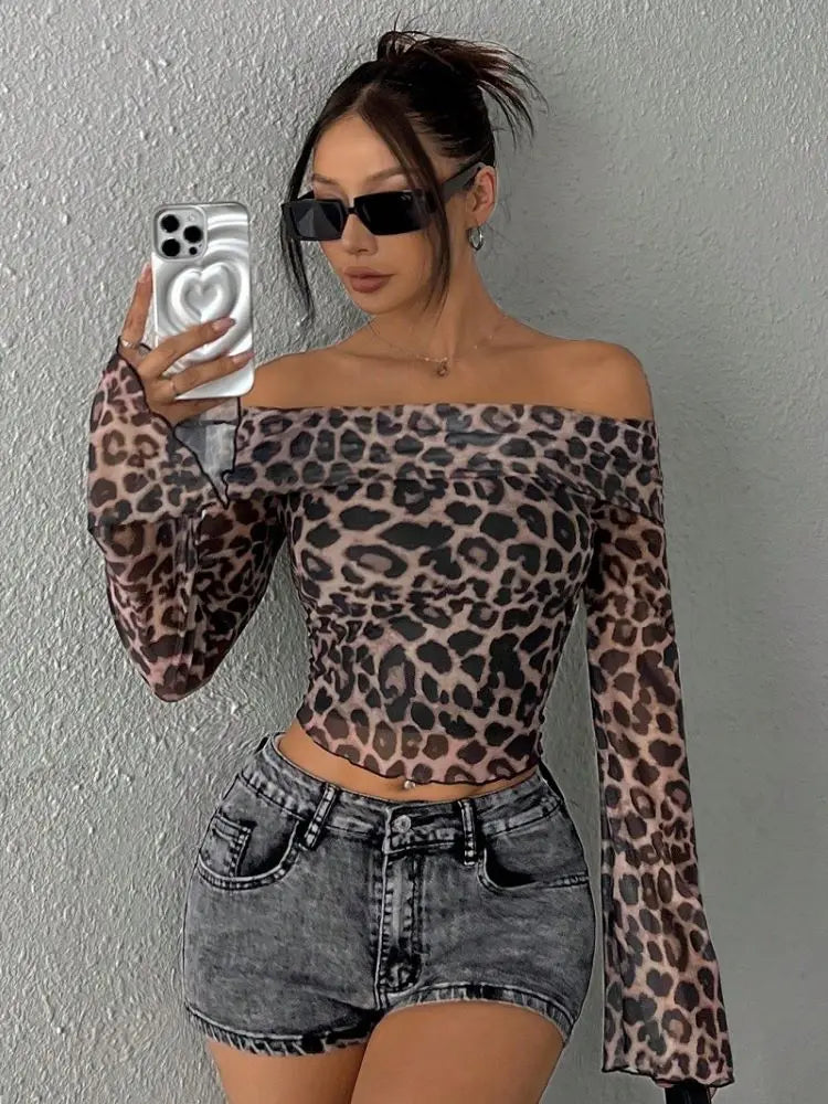 Leopard Print Long Sleeve Mesh Ruched Slim Crop Tshirt Top 2024