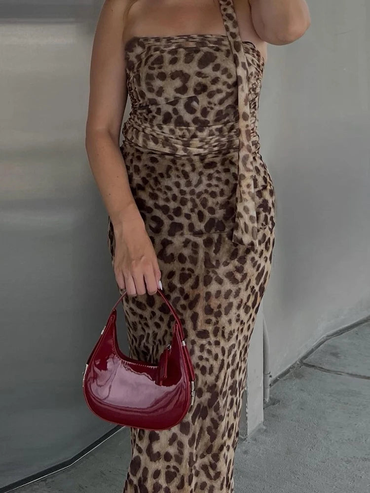 Leopard Dress Straple Pleat Body-haping Maxi Scraf