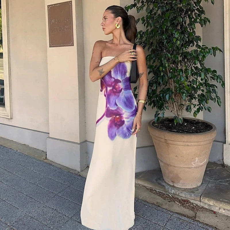 'S Floral Print Long Dress Strapless Sleeveless Backless Slim Dress Long Dress