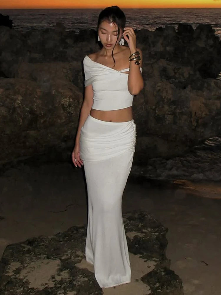 Matching Skirt Set Claic Banquet Incline Shoulder Crop Tee Maxi Pleat Skirt
