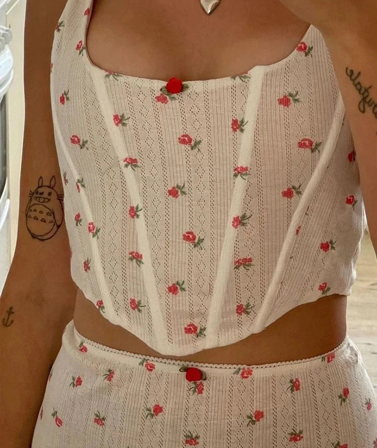 Sweet Floral print Two Piece Set Unique Shape Spaghetti Strap Top High Waist Hip Skirt suit