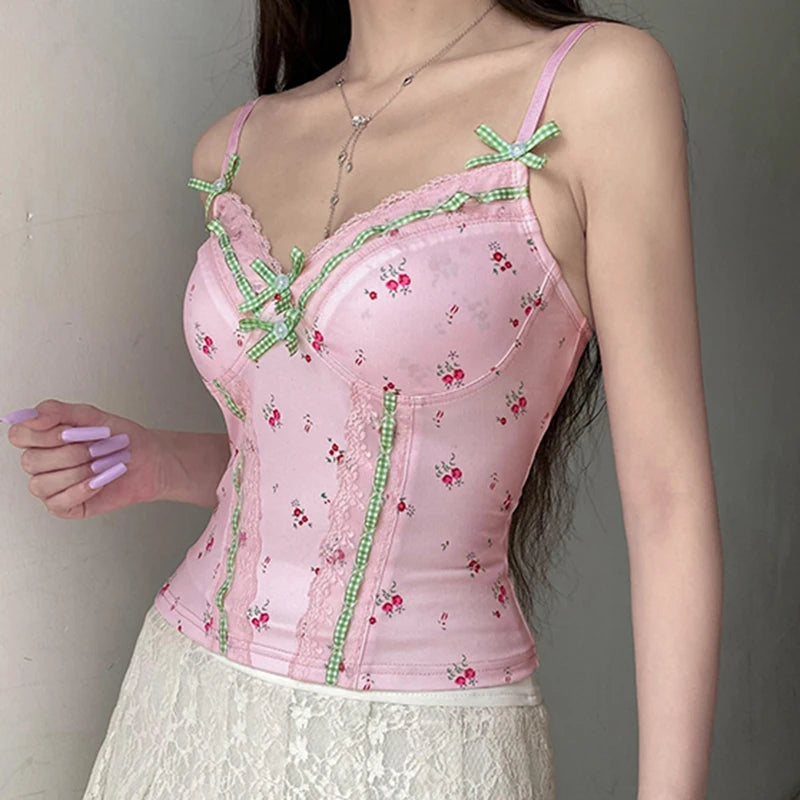 Pink Floral Lace Bow Top