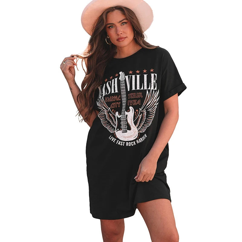 'S Spring Printed Lengthened Wide T-Shirt Dress Cool Metal Wind Loose Versatile wea