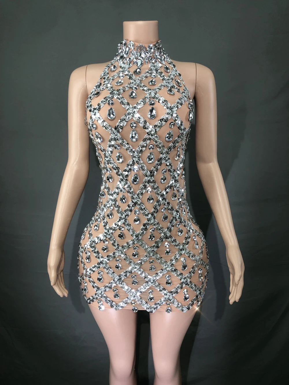 Sparkly Silver Sequins Crystals Short Dress Sleeveless Transparent Birthday Dress Singer Show Wear