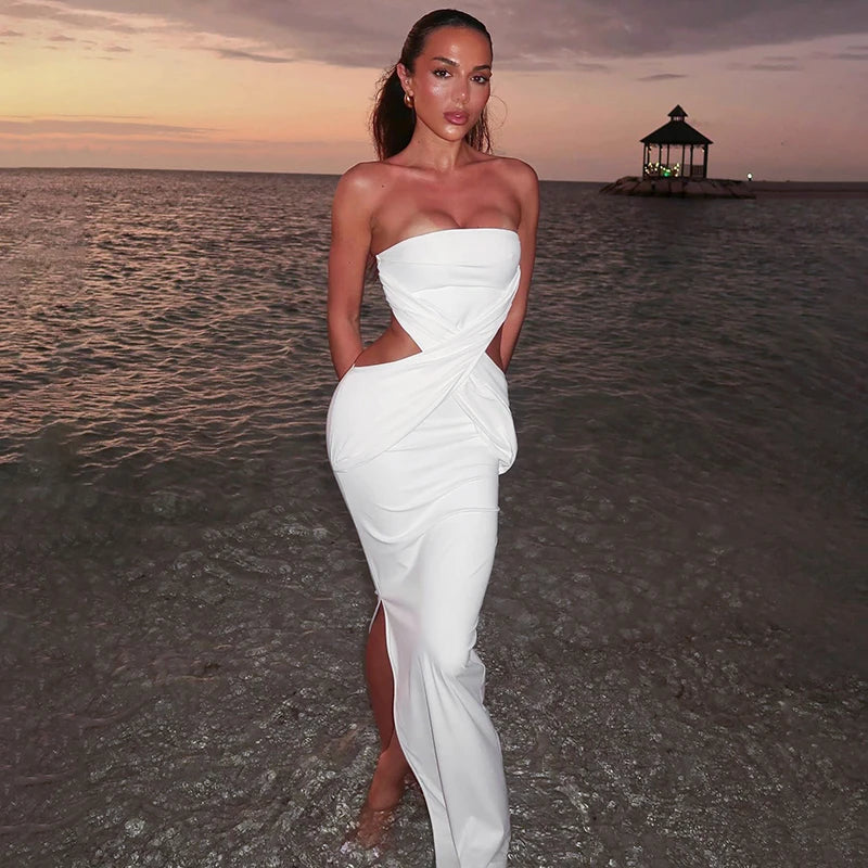 'S Strapless Backless Waistless Hollow Out Cross Slim Open Long Dress Dress