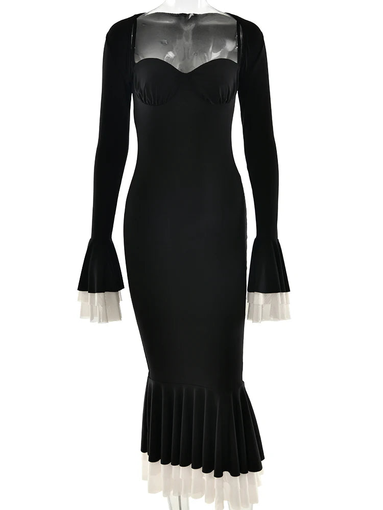 Square Collar Two Piece Sets Mermaid Dress Flare Sleeve Evening Dress