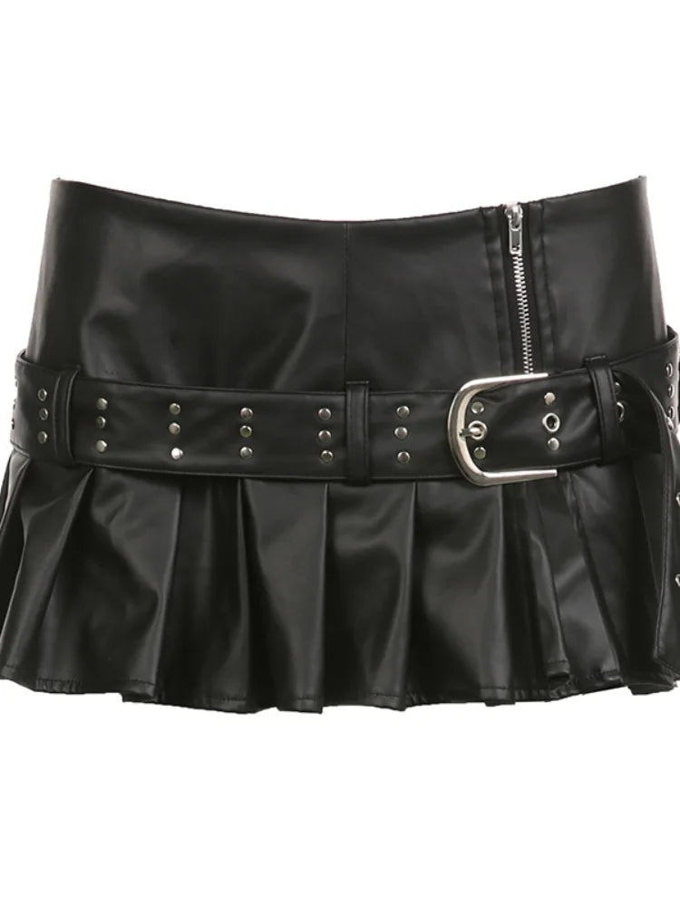Low Waisted PU Black Mini Shorts Grunge Adjustable Zipper Bottoms