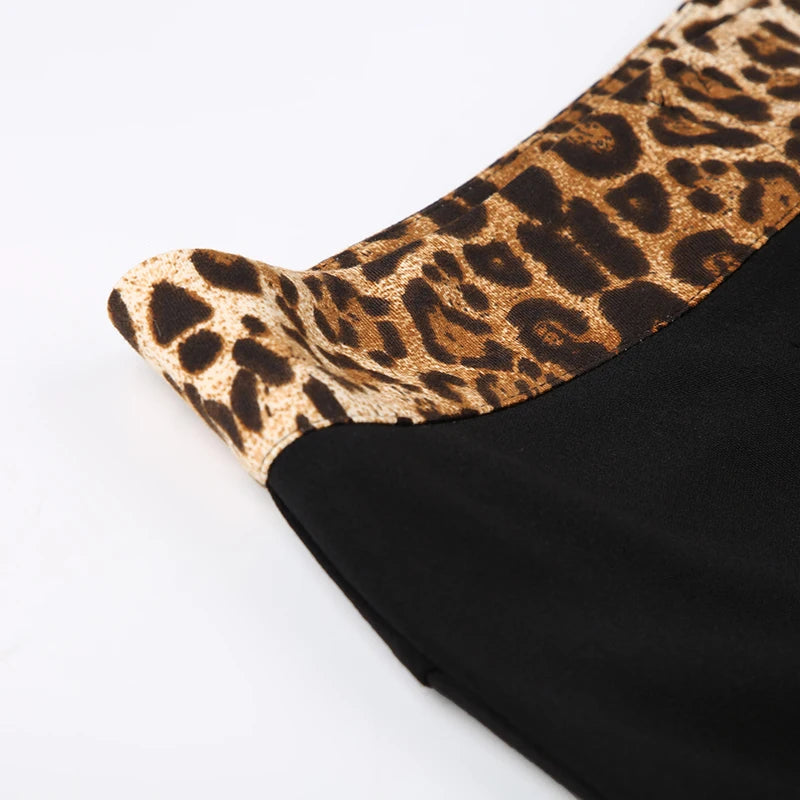 Leopard Print Patchwork Flare Pants Low Waisted 's Bottoms Retro Trousers