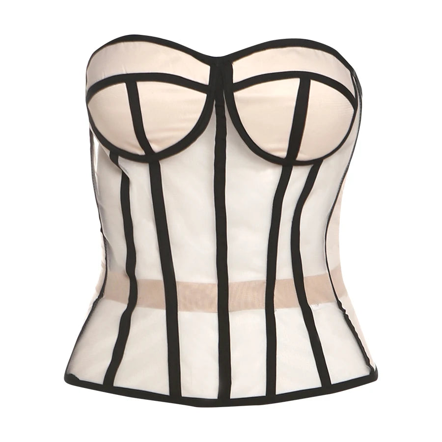 Strapless Top See Through Black Patchwork Midnight Simple Classic Top