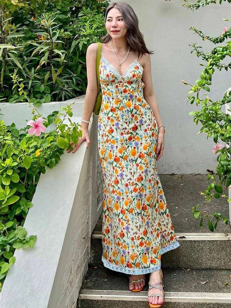 Floral Slips Backless Patchwork Lace Maxi Dress
