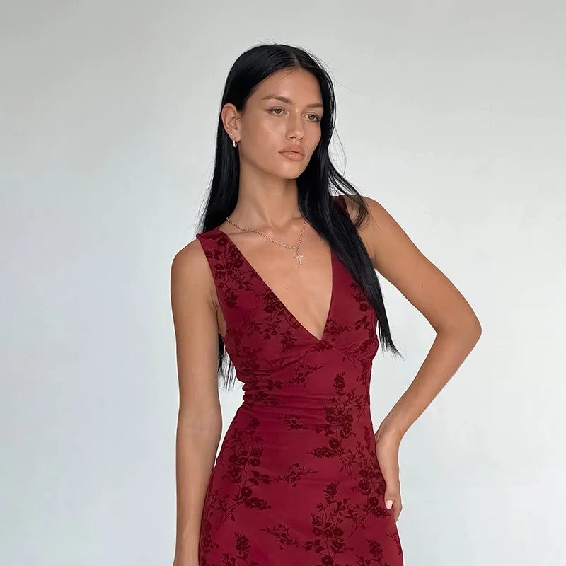 Printed Deep V Long Dress Floral Contrast Color Sleeveless Waist Slim Dress Long Dress