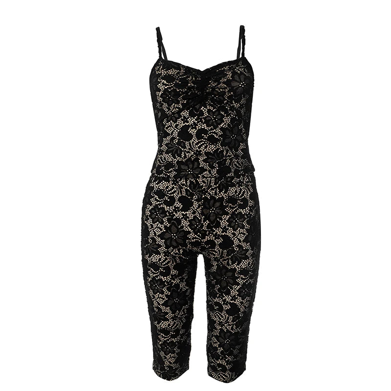 Lace See-Through Backless Elastic Waist Tight Five Pants Set Lace Halter Top Hip Lifting Pants Two-Piece Set