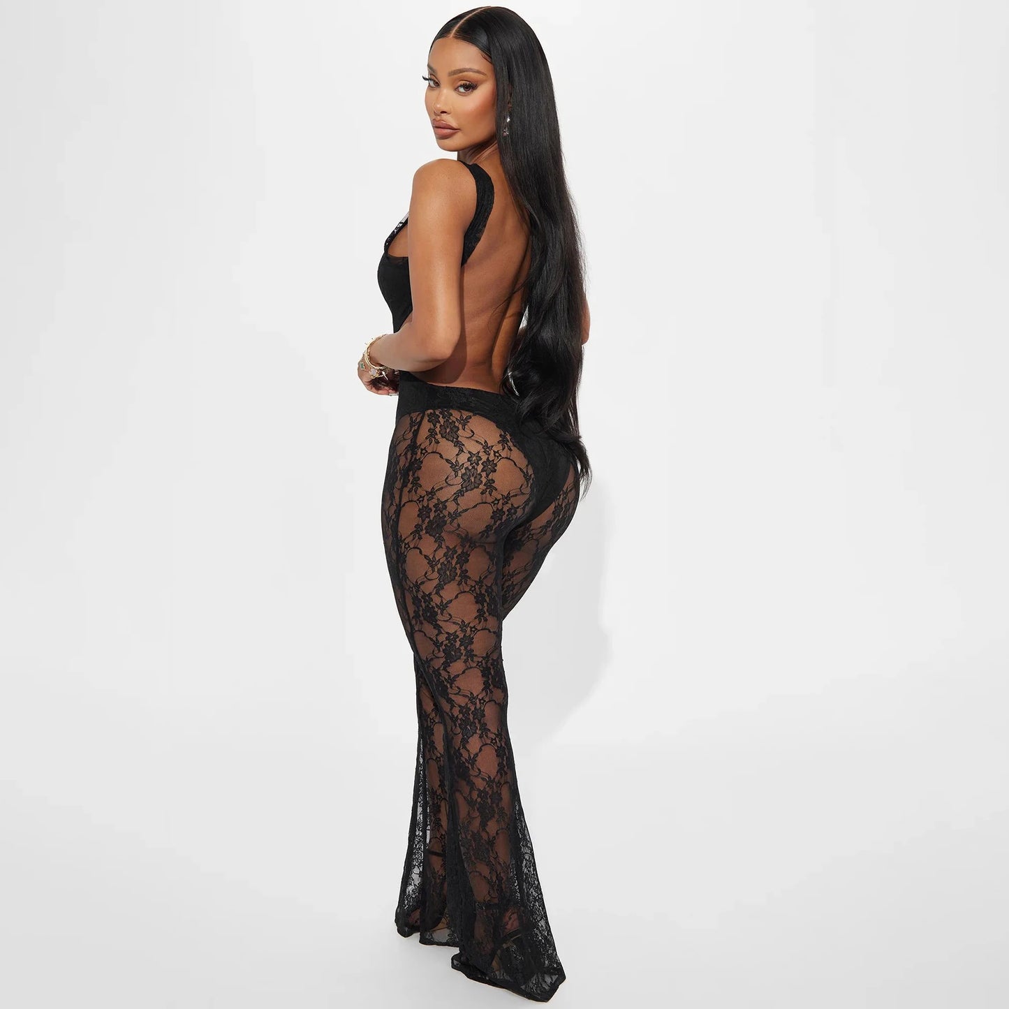 Lace Patchwork See-Through Sleevele Jumpuit Imperial Backless Jumpuit