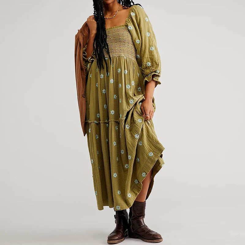 Ruffle Swing A Line Maxi Dress Bohemian Floral Dress Square Neck Long Sleeve Dress
