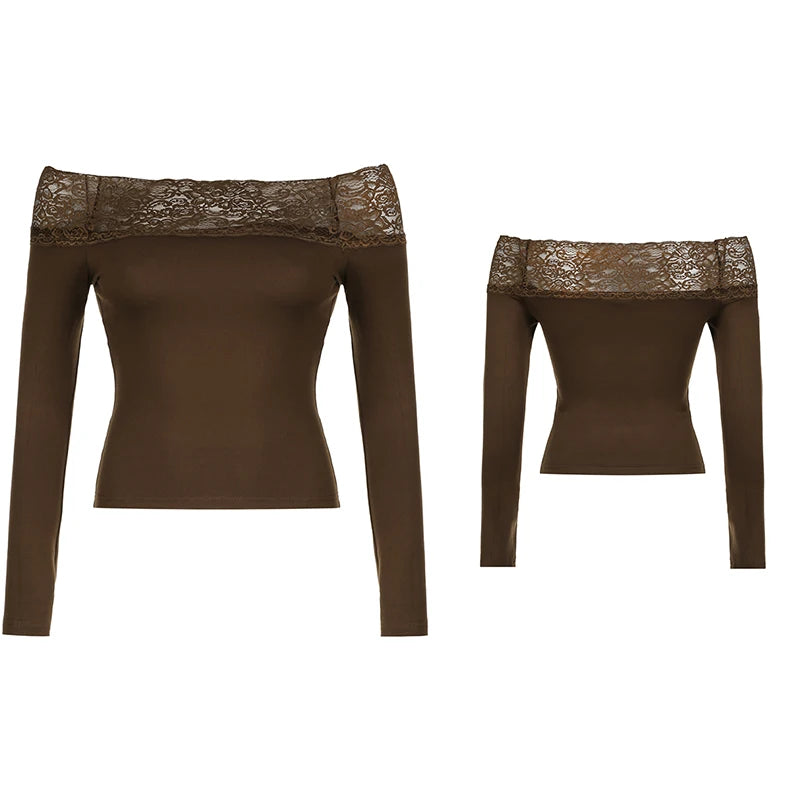 Lace Patchwork Slim Tee Shirt Long Sleeve V-neck Black Top