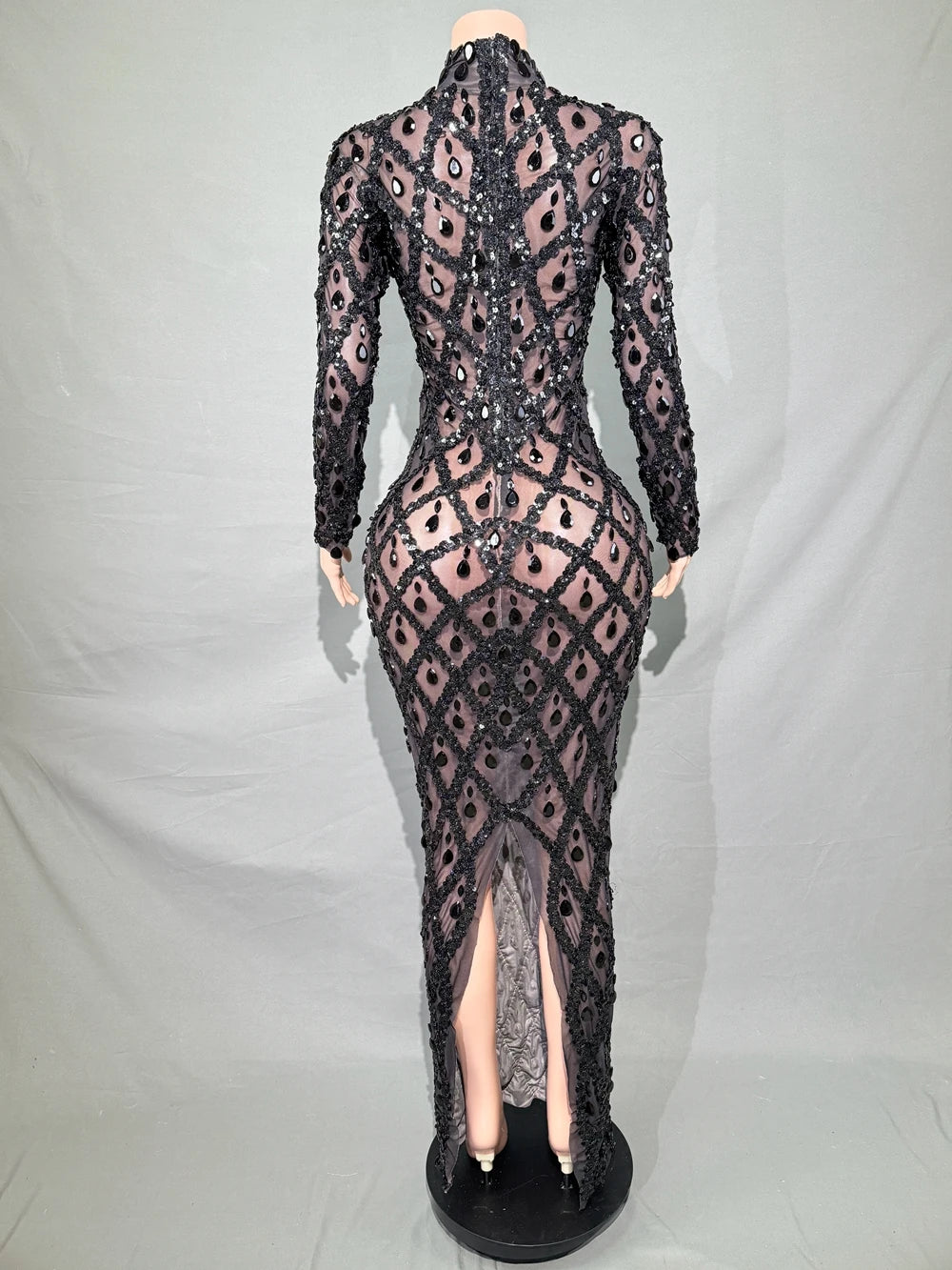 Sparkly Sequins Crystals Long Dress Prom Birthday Dress Transparent Performance Costume Show Stage Wear