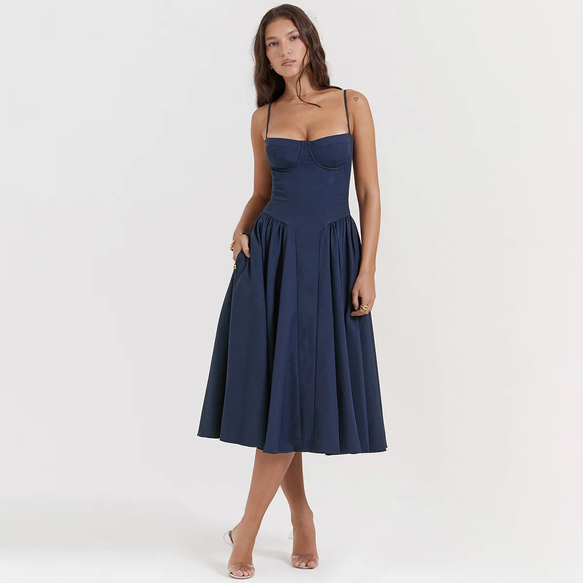 Dress for Pink Spaghetti Strap Midi Dress with Pocket Long Dress
