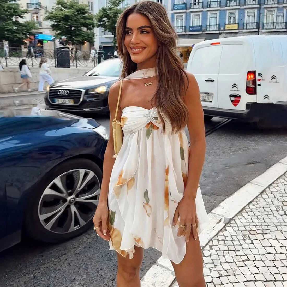 Floral Mesh Backless Strapless Mini Dress