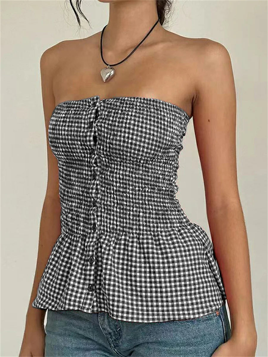 Red Gingham Crop Top Womean Strapless Ruffle Hem Sleeveless Button Cami Coquette Plaid Crop Top