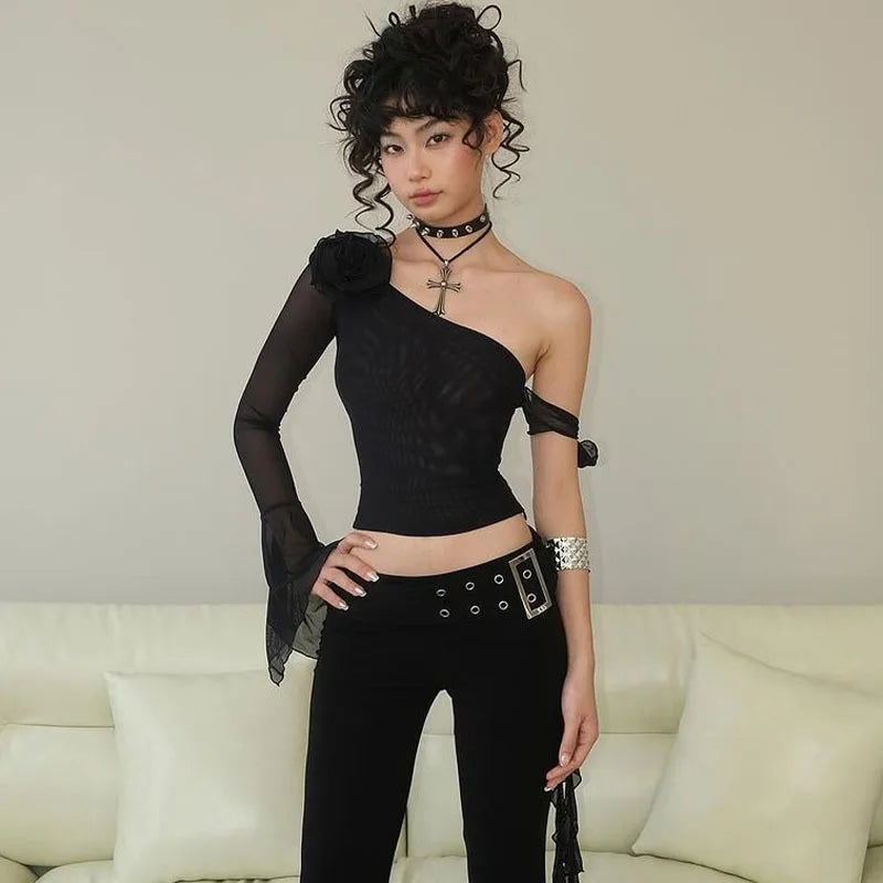 Flare Sleeve 3D Floral One Shoulder Lace-up Crop Top Solid Slim Fit Tank Top