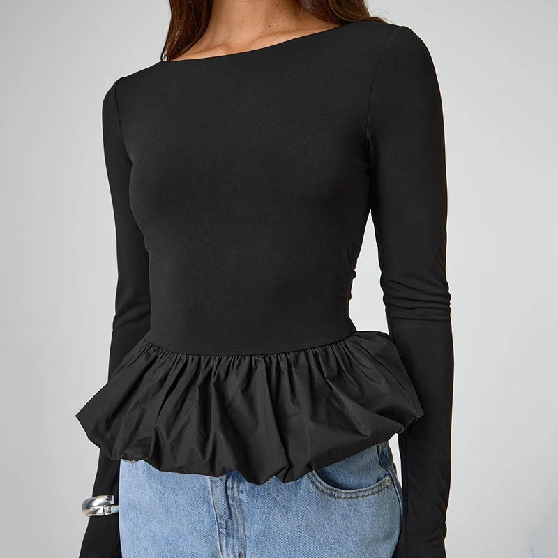 Round Neck Top Long Sleeve Slim Fit Mini Puffy Hem Deign Top