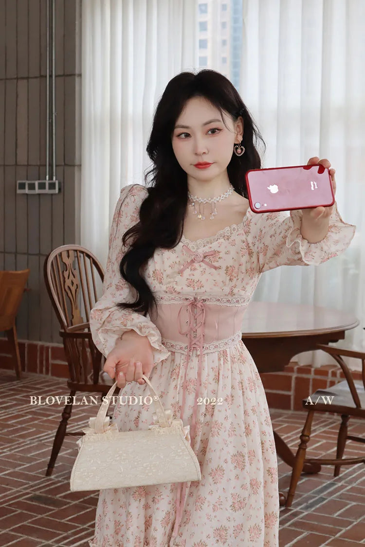 Spring Pink Floral Dress Bandage Lace Print Dress Puff Sleeve Kawaii Dress Princess Fairy