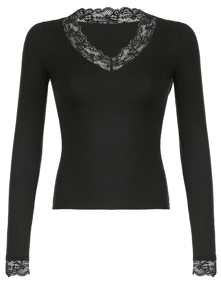 Lace Patchwork Slim Tee Shirt Long Sleeve V-neck Black Top