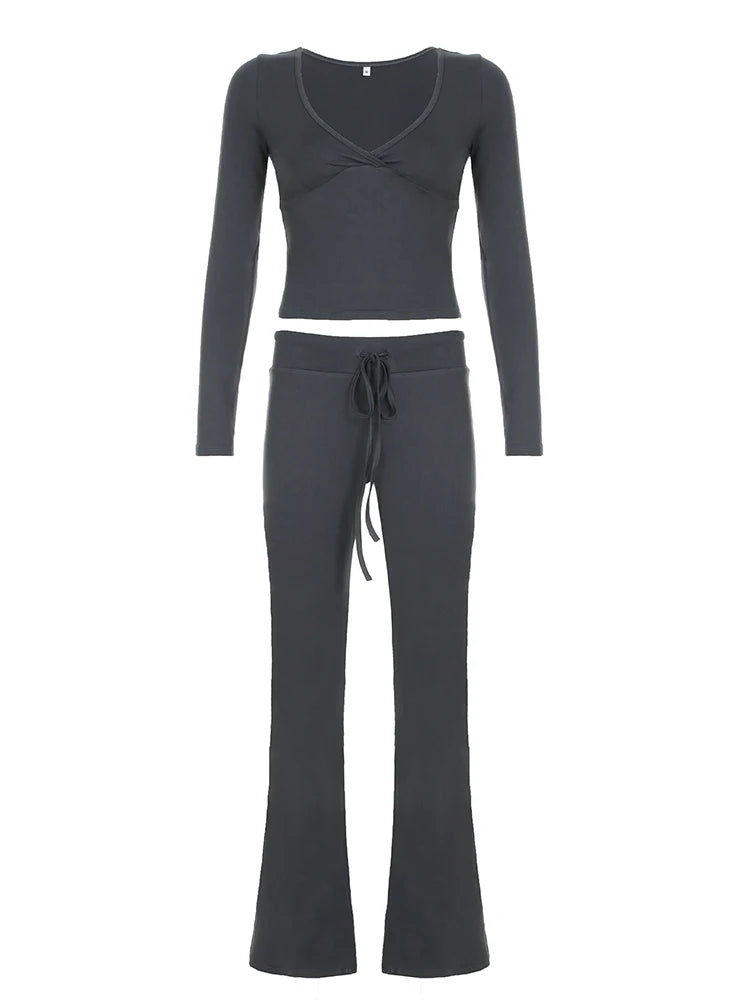 V-neck Top Full Length Pants Drawstring Suits Simple Slim Long Sleeves Low Waist