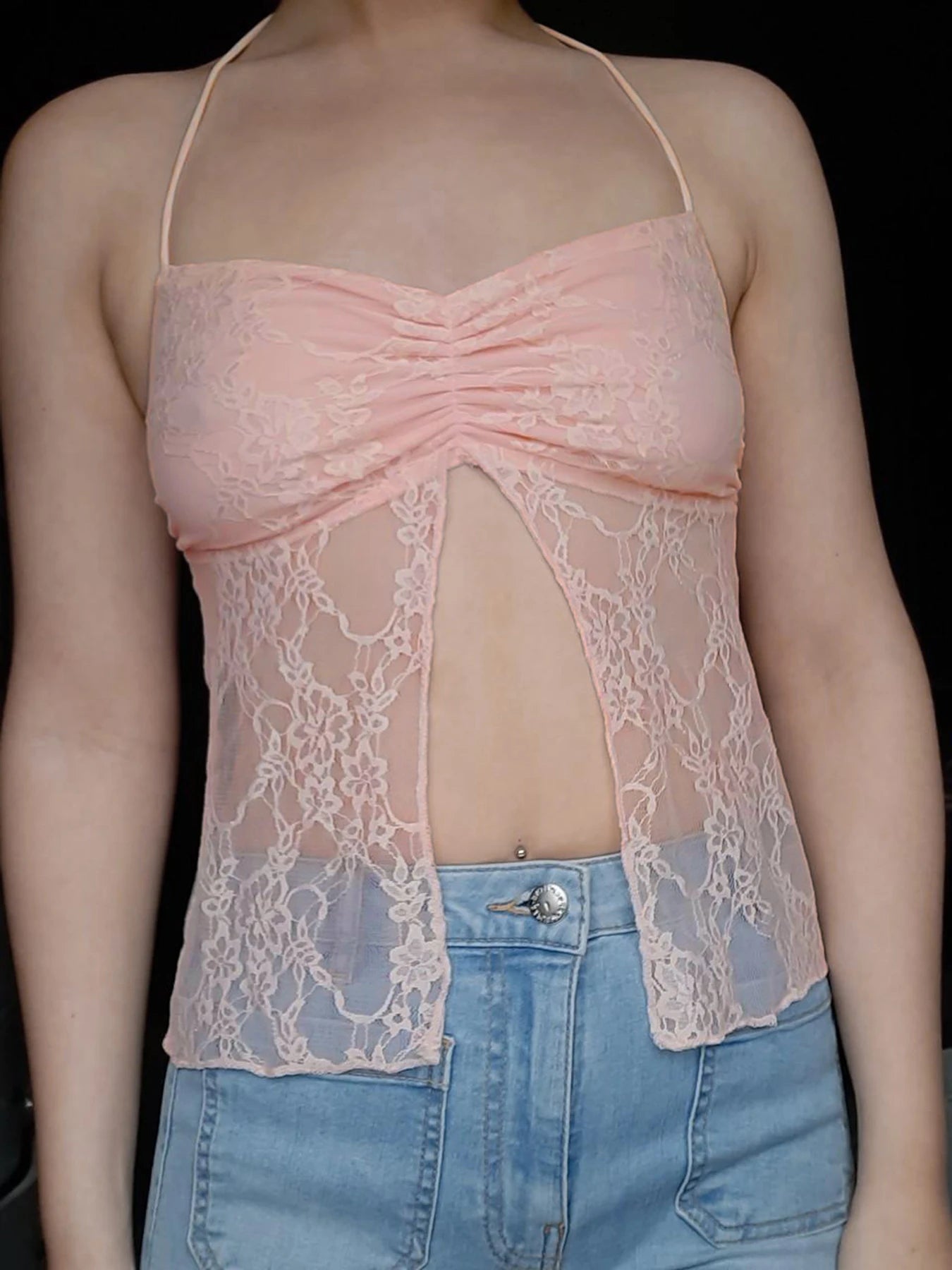 Lace Camisole Backless Lace-up Retro See-through Bustiers Fairycore Halter Neck Top