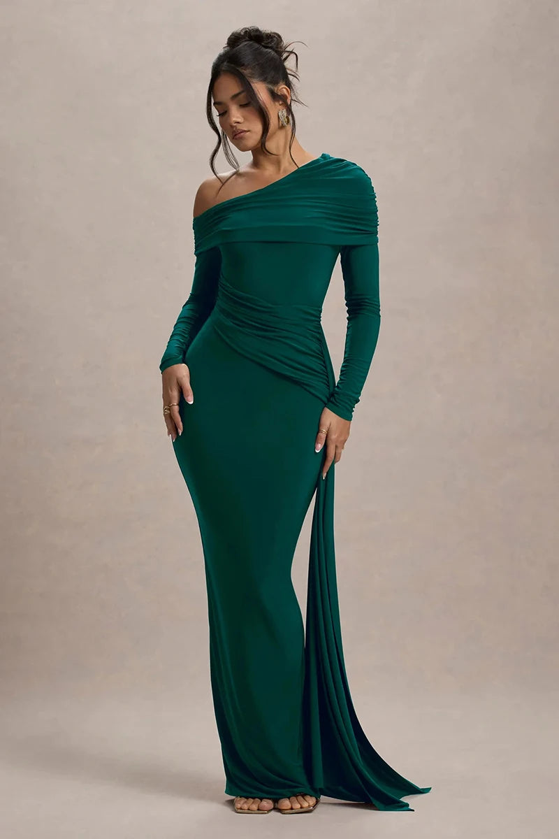 Skew Collar Long Sleeve Maxi Dress Gown Backless Draped Ruched Bodycon Long Dress