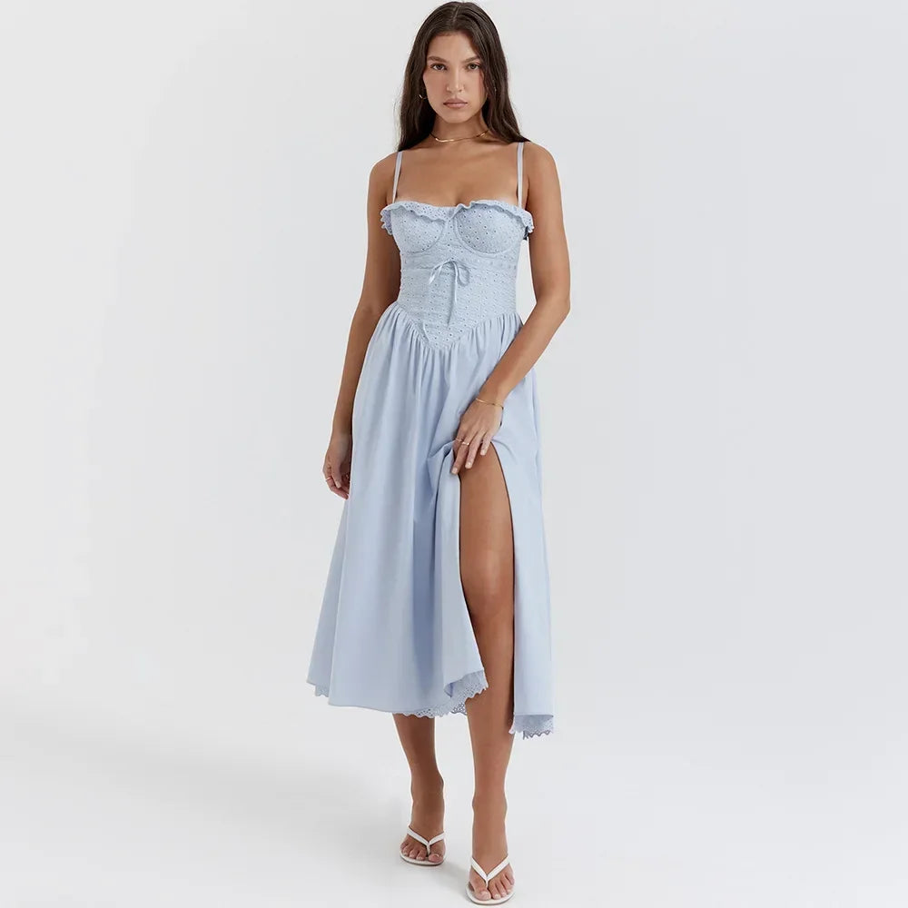 Midi Dress Blue Lace Spaghetti Strap Crochet Dress High Split Birthday Dress