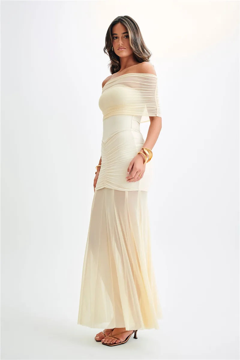 Off Shoulder Ruched Maxi Dress Apricot Backless High Waist Dress