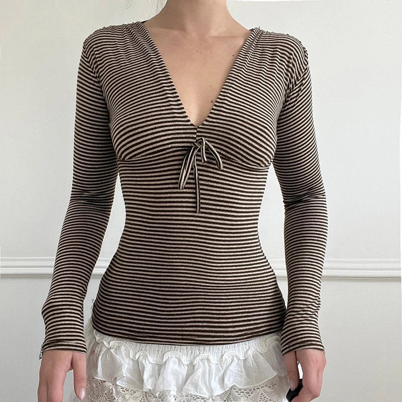 V-neck Strip Tee Shirt Long Sleeve Slim Lace-up Top