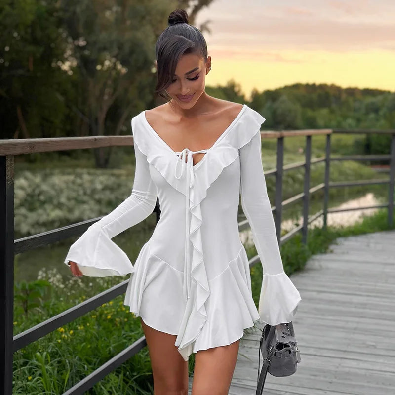 White Deep V Neck Ruffled Dress Long Flare Sleeve Short Dresses Slim
