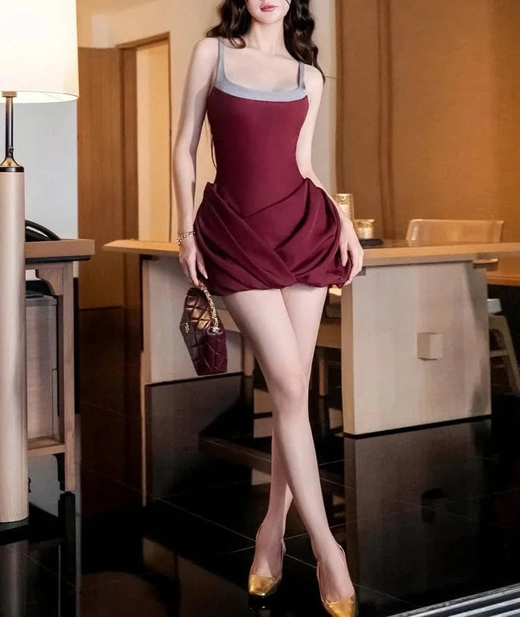 Backless Dress Patchwork Square Collar Sleeveless Ruffles Cross Hem Slim Mini Bodycon