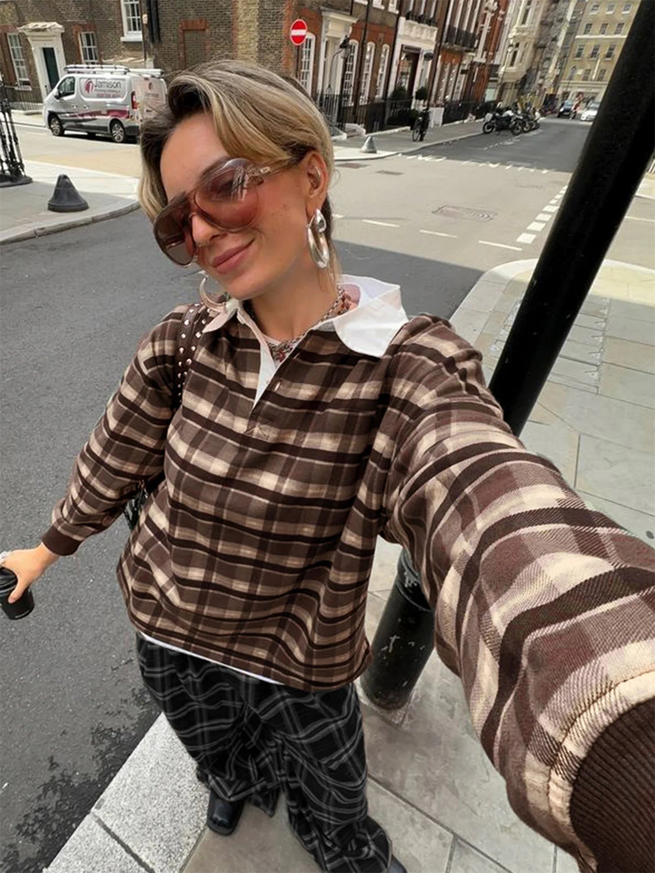 Retro Plaid Pullovers Turn-down Collar Loose Sweatshirts Brown