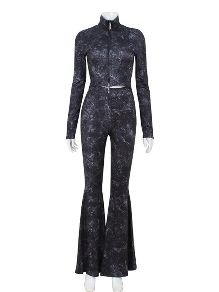 2 Piece Set Zip Cardigan Crop Top Straight Flar Pants Hipster