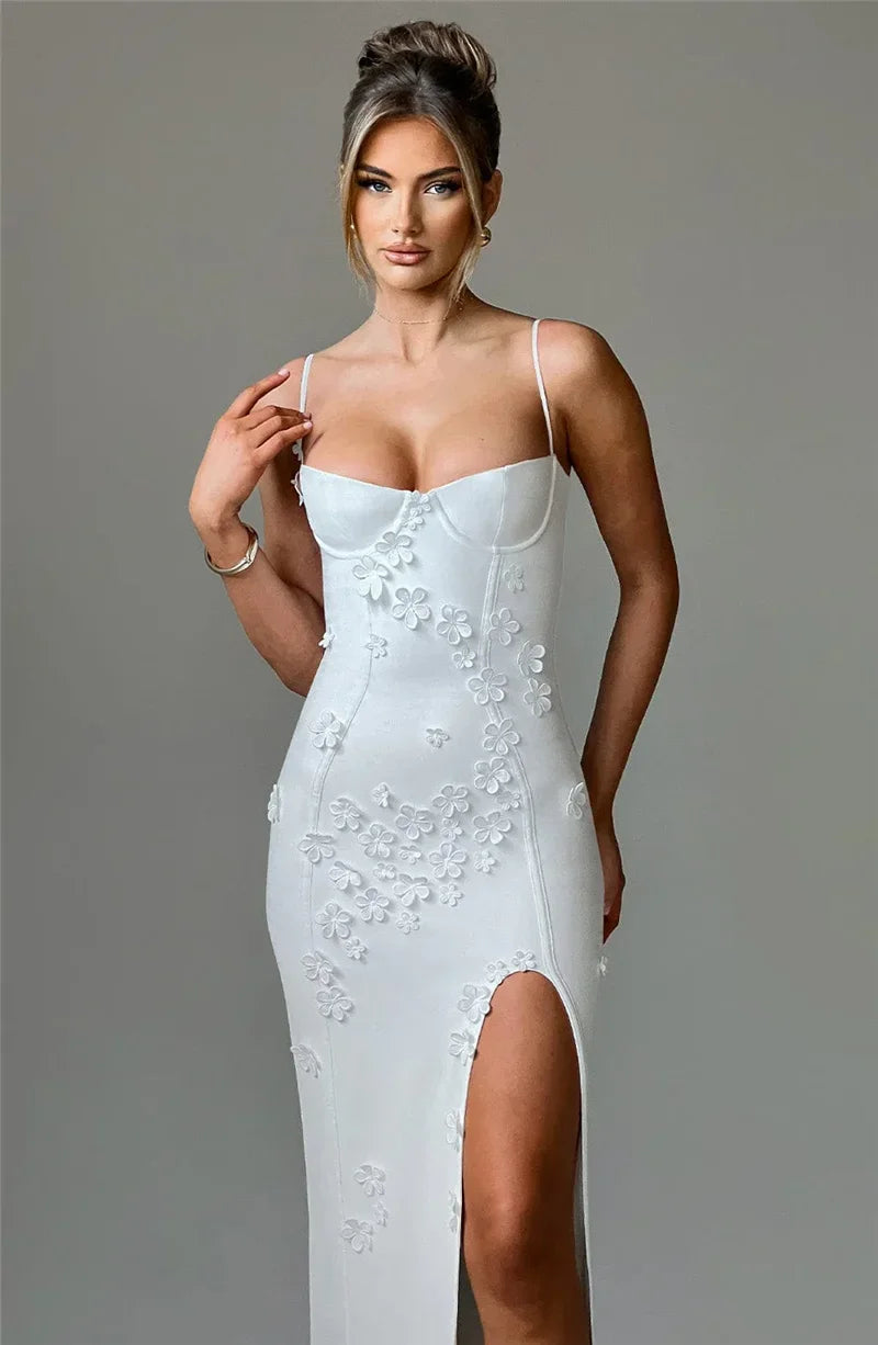 Flower Spaghetti Strap Maxi Dress Off-shoulder Backless Thigh High Split Evening Dress