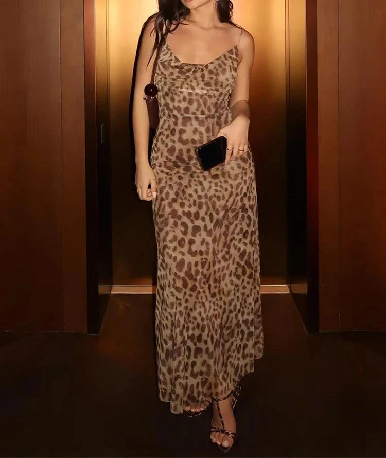 Leopard Dress Swing Collar Spaghetti Straps Backless Ruffles
