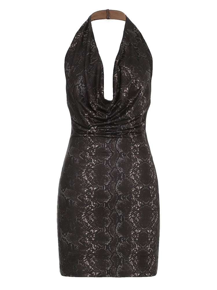 Brown Halter Neck Backless Mini Dress