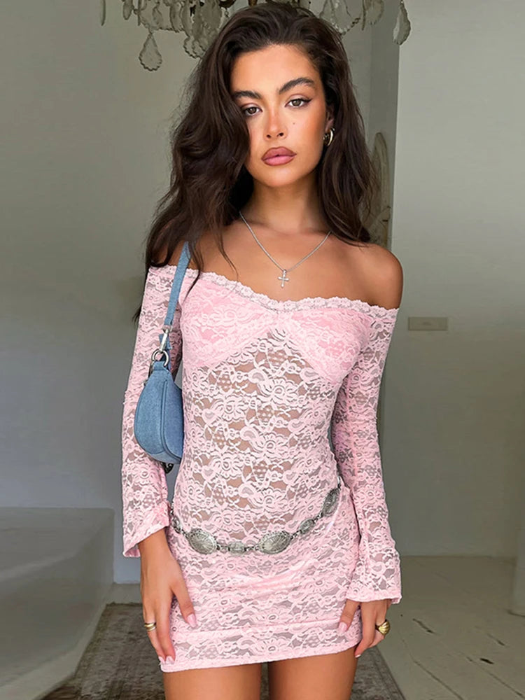 Dress Straple Long Sleeve Mini Dress Lace See Through