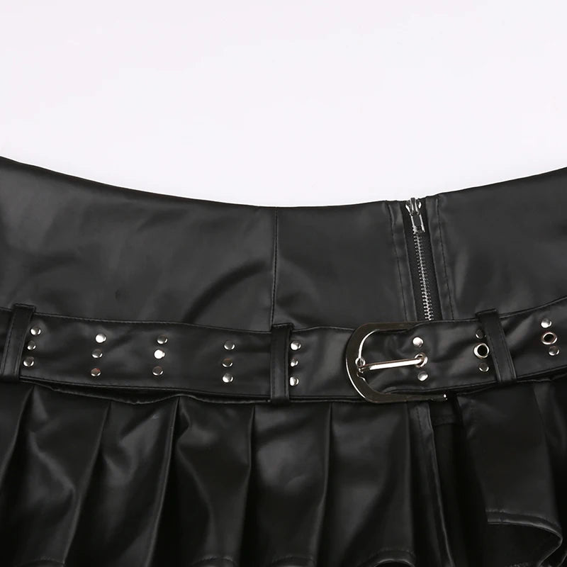 Low Waisted PU Black Mini Shorts Grunge Adjustable Zipper Bottoms