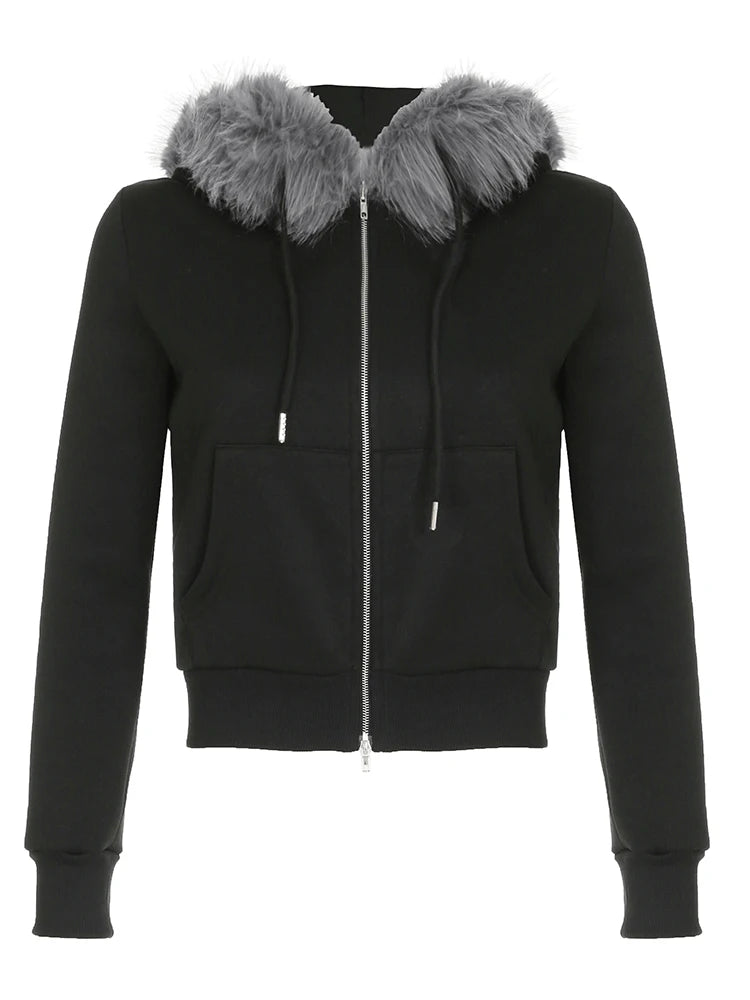 Zip Up Crop Hoodie Coats Camouflage 's Jackets Pockets Fur Neck