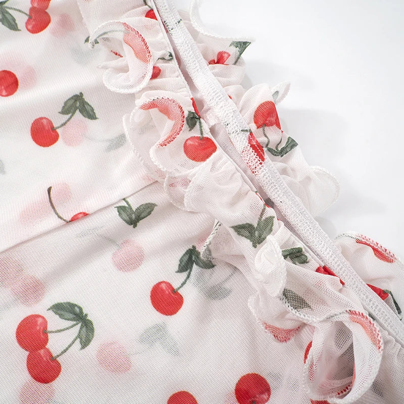 'S Spring/ Cherry Print Cake Edge See-Through Mesh Flare Pants tie Girls hearts