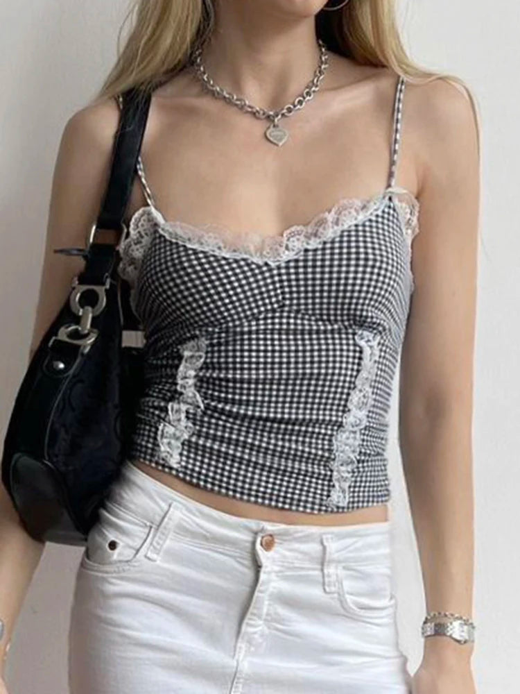 Plaid Patchwork Lace Trim Top