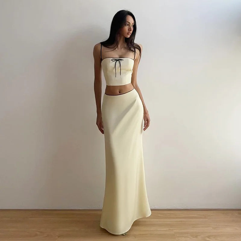 Apricot Satin Backless Crop Top and Midi Skirt Two Piece Set