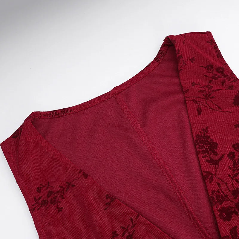 Printed Deep V Long Dress Floral Contrast Color Sleeveless Waist Slim Dress Long Dress