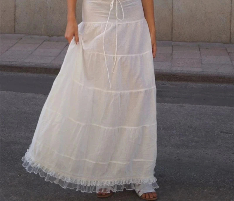 Lace Patchwork Tank Top With Low-waist Draw-string Long Skirt French Two Piece Sets